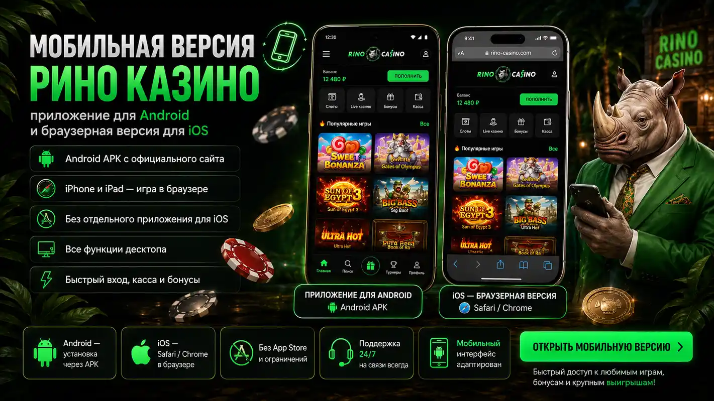 Мобильная версия Рино Казино &mdash; приложение для Android и браузерная версия для iOS