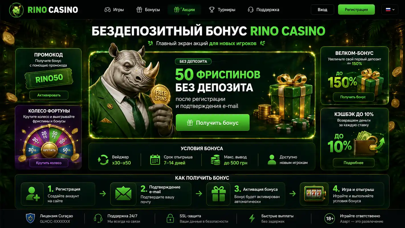 Рино казино бездепозитный бонус &mdash; главный экран акций